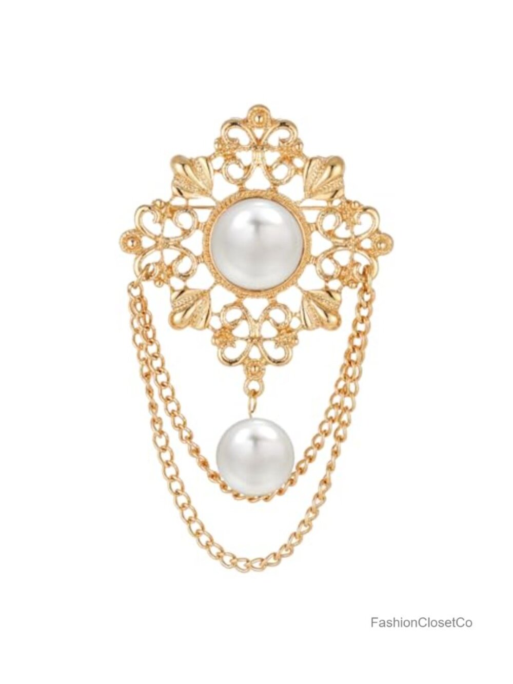Pearl Filigree Flower Chain Tassel Brooch Pin Zinc Alloy Dangle Drop